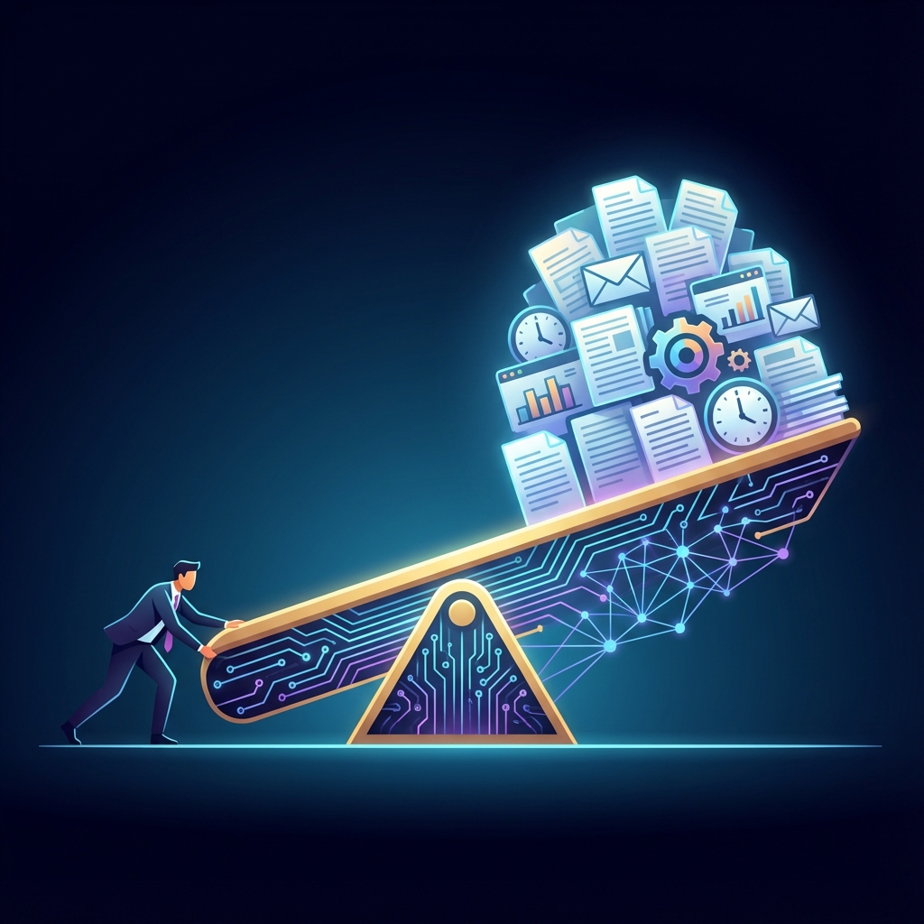 Abstract visualization of a lever lifting a heavy business workload with ease