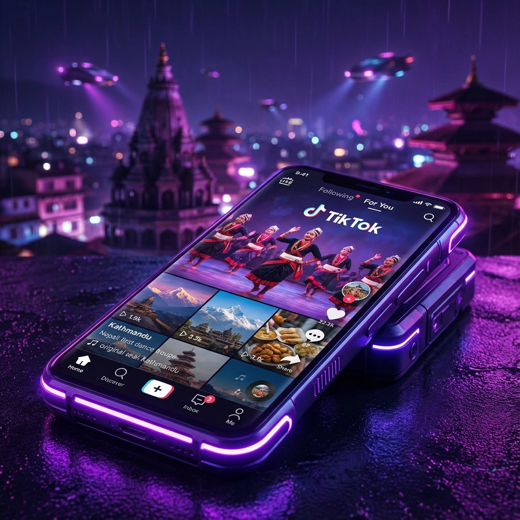 A neon-lit futuristic phone screen displaying a map of Nepal with viral nodes exploding across Kathmandu, Pokhara, and Chitwan