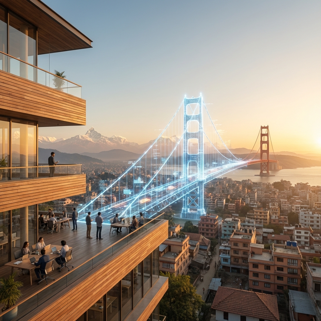 A modern workspace in Kathmandu with a digital holographic bridge connecting to the Golden Gate Bridge in California