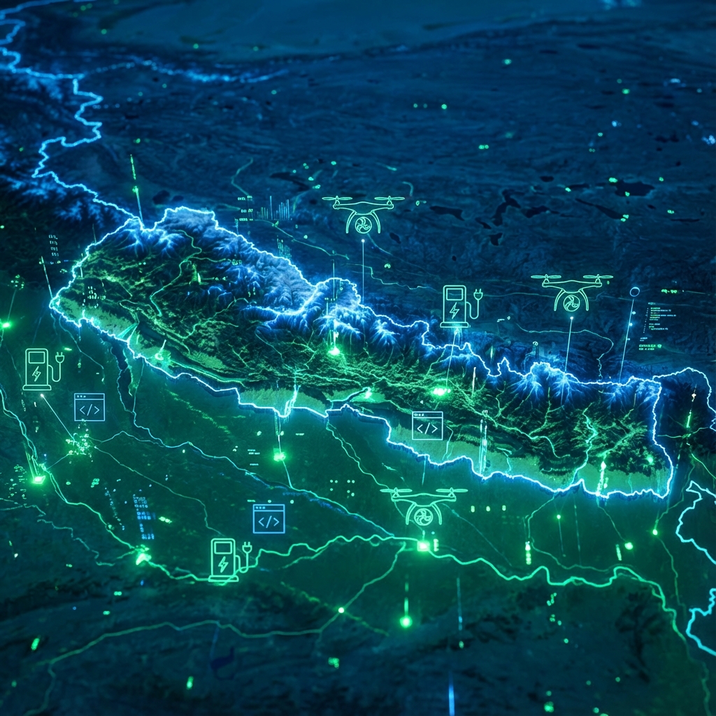 Futuristic digital map of Nepal glowing with connectivity nodes representing growing business sectors