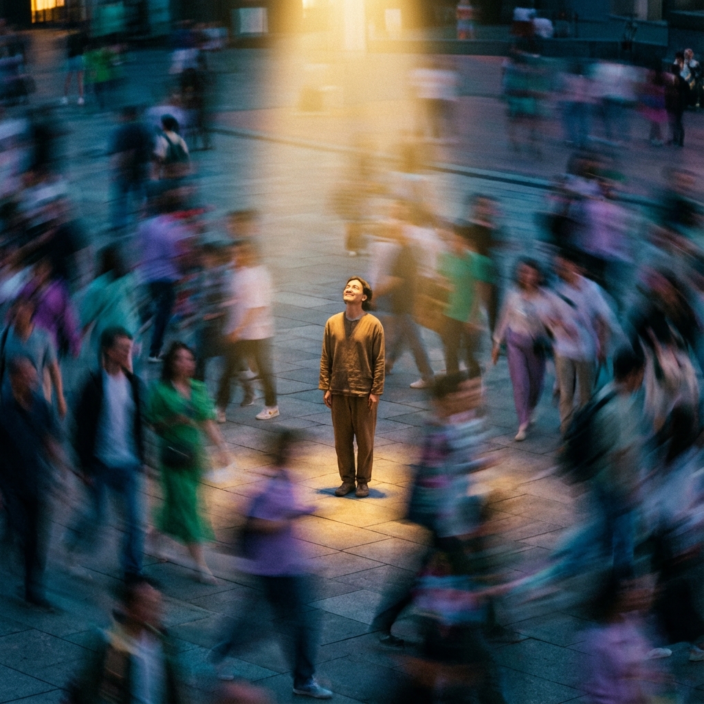 A single person standing still and looking up while a crowd rushes past them in a blur.